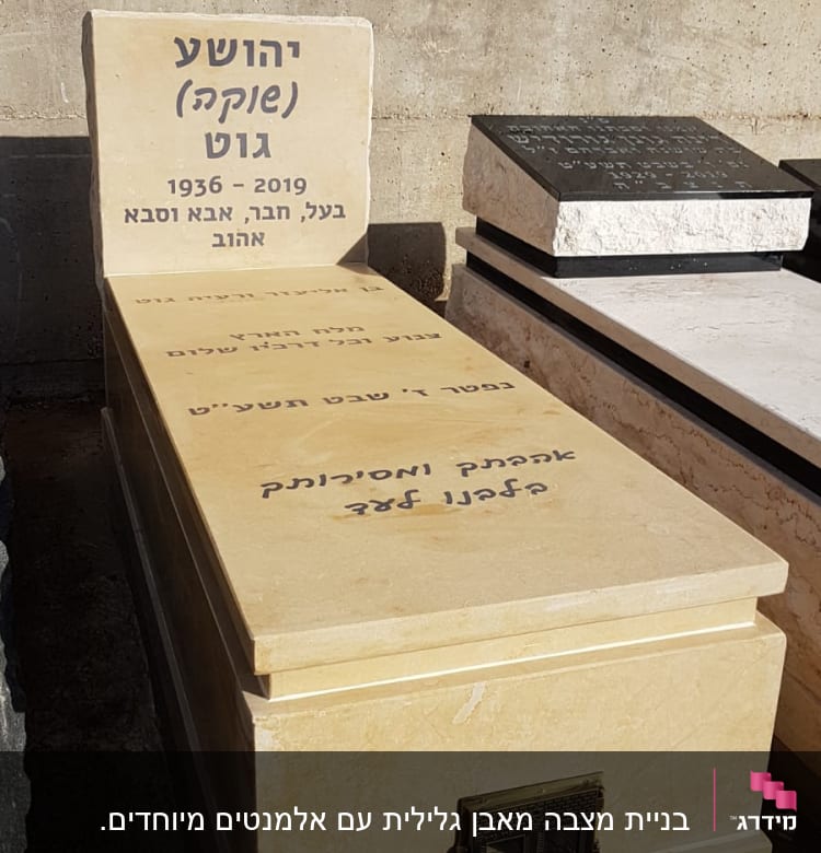 מצבה עם כיתוב בעברית על רקע קיר בטון